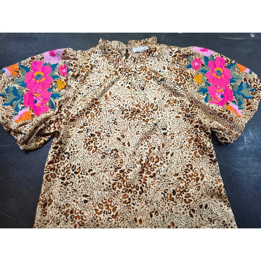 HML Leopard Print Floral Embroidered Ruffle Neck Blouse Mob Wife Y2K XS
